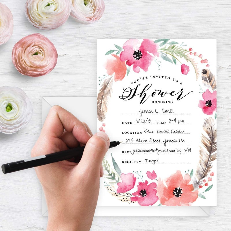 Canopy Street Boho Spirit Fill In The Blank Shower Invitation / 25 Bridal Shower Invitations With White Envelopes / 5" x 7" Flat Boho Baby Shower Invite - Image 3